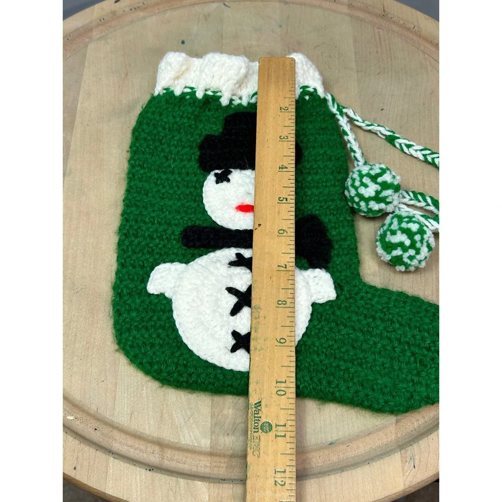 Handmade Green‎ Crochet Christmas Stocking Snowman Green White Trim Pom Poms